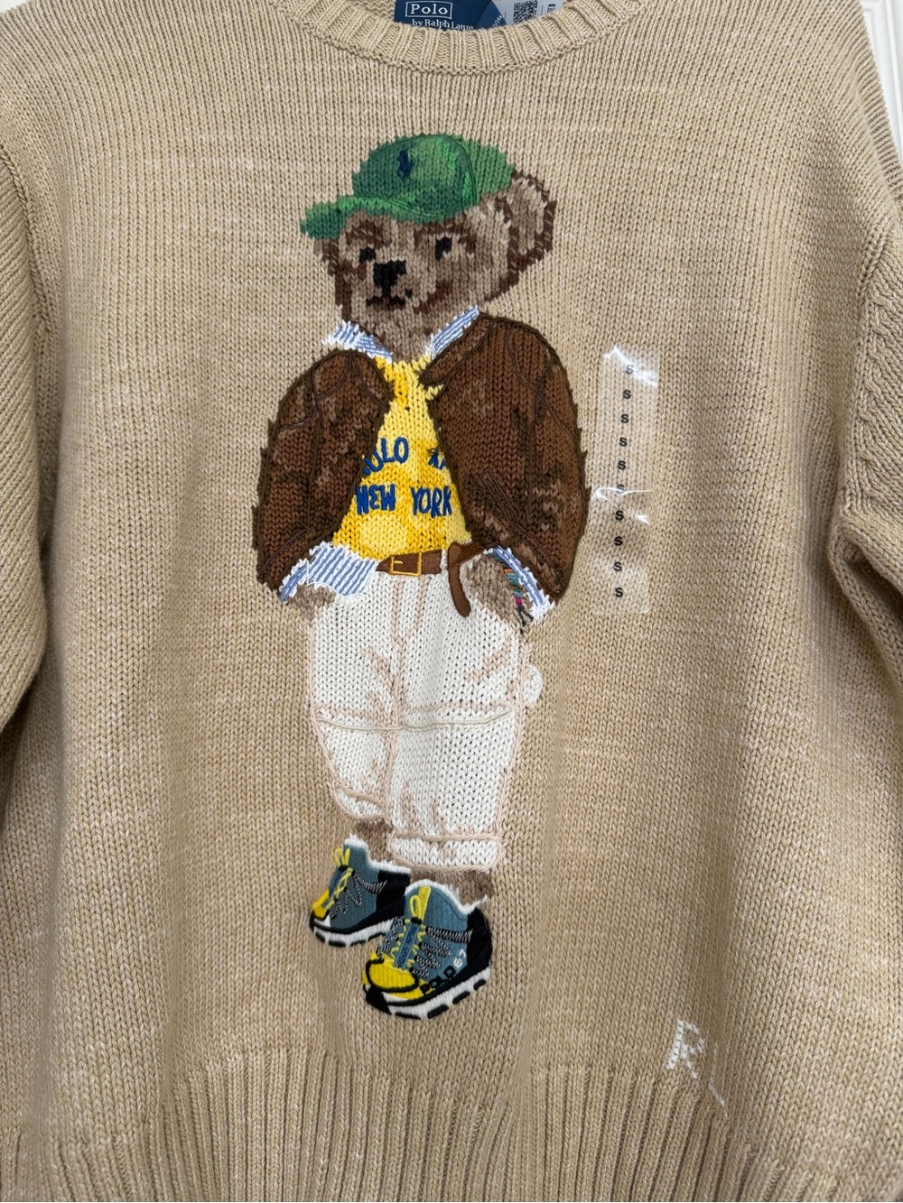 Ralph Lauren Beige Bear Intarsia Crewneck Sweater with Green Cap - Picture 2 of 4